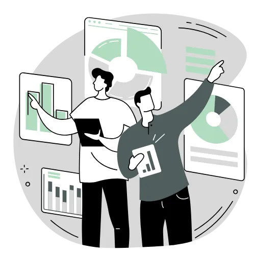 Two people analyzing charts and data to develop actionable business strategies.