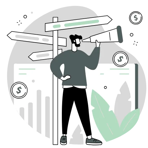 Person looking through a telescope at money and guidance, symbolizing direction and business opportunities.