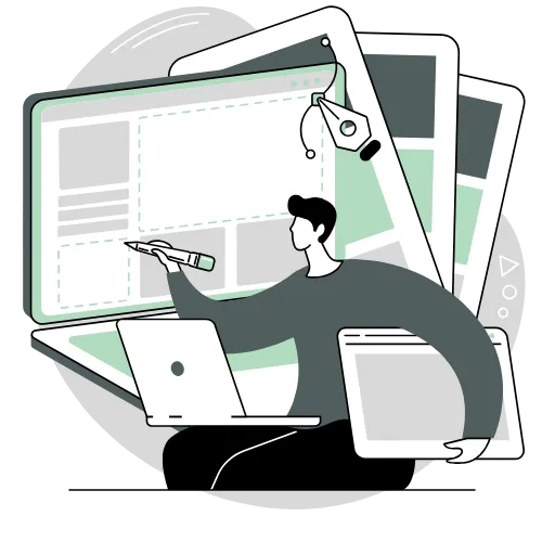 Person presenting leadership frameworks on multiple screens and devices.