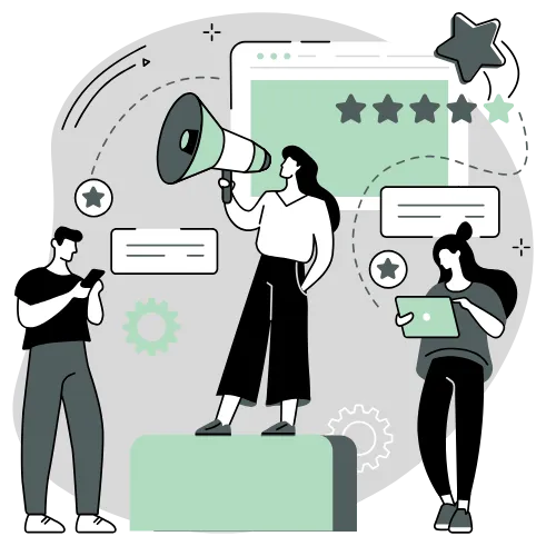Three people collaborating, presenting, and sharing ideas to engage an audience.