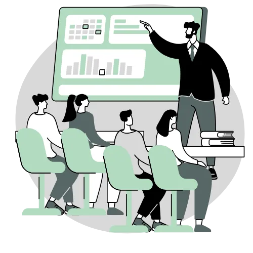 Coach presenting to a group of entrepreneurs in a workshop or training session.