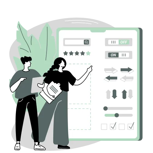 Two people collaborating on a customized business strategy with charts and settings.
