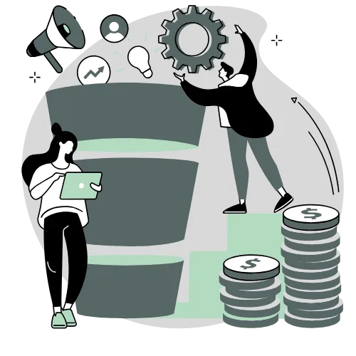Two people analyzing gears and money stacks representing business strategy and growth.