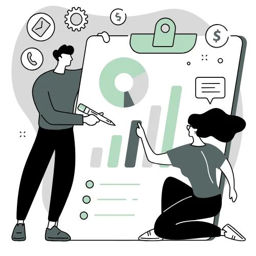 Two people collaborating on a step-by-step strategy using charts and data.