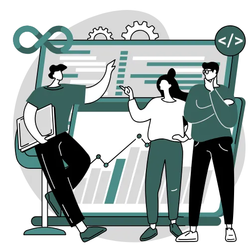 Illustration of a team collaborating on business strategy and performance charts, representing workshops for business growth and team development