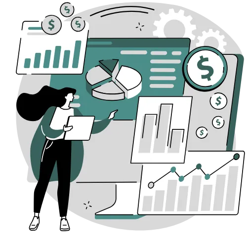 Illustration of a marketer presenting data charts and analytics to highlight marketing strategies for attracting ideal customers.