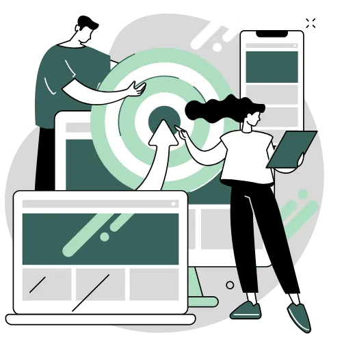 Two people collaborating on digital devices with a target and upward arrow symbolizing business growth