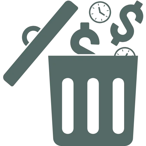 Icon of a clock and dollar sign with arrows, symbolizing wasted time and ineffective business strategies.