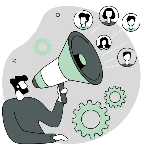 Illustration of a person speaking through a megaphone with networking icons, symbolizing exclusive access to Business Made Simple summits.