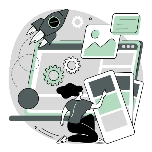 Illustration of two people engaging with digital tools and charts, representing on-demand business courses for growth and development.