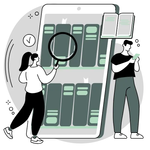 Illustration of two people analyzing business data on a large tablet, representing the six key areas of business growth.