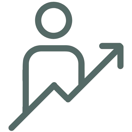 Icon of a person climbing stairs with an arrow, symbolizing transformation and progress in business and life.
