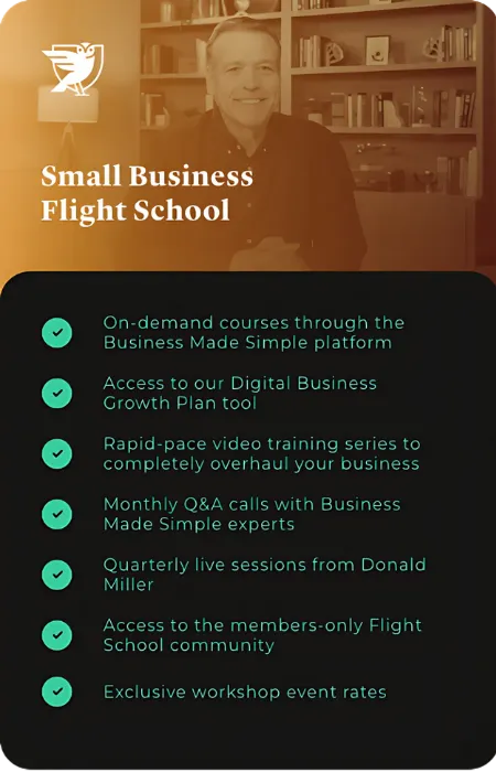 Comparison chart listing features of the Small Business Flight School program, including exclusive training, Q&A sessions, and community access.