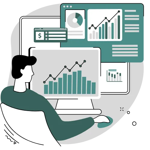 Illustration of a consultant reviewing performance dashboards and graphs to provide expert marketing and branding guidance.
