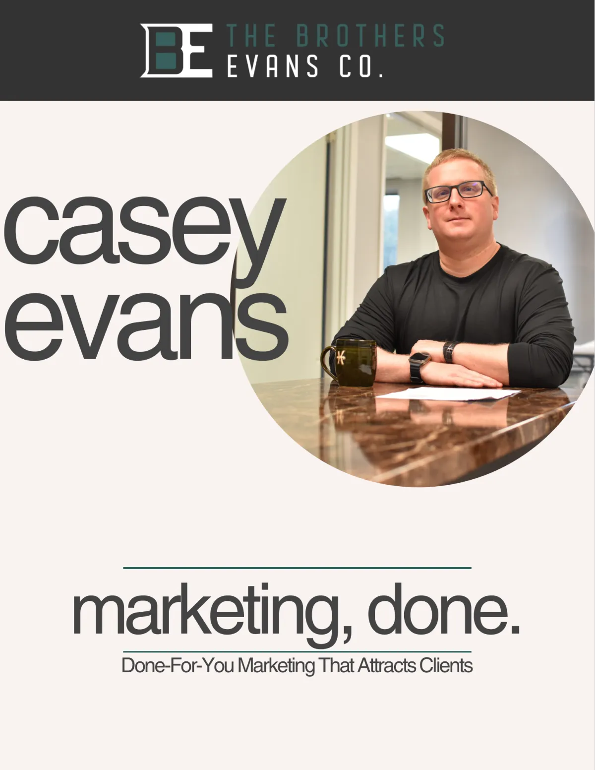 Casey Evans presenting the "marketing, done." program, a done-for-you marketing solution for business owners.