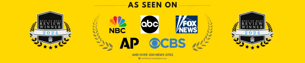 Best of the Best Review Winner 2024 badge alongside logos of AP, NBC, ABC, FOX News, CBS, and text highlighting coverage on over 200 news sites, verified by AnotherZero.com.