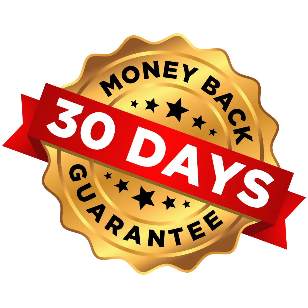 A premium gold certification seal with a red ribbon that reads ‘30-Day Money-Back Guarantee,’ representing Baz Porter and the RAMS ecosystem’s commitment to integrity, client trust, and risk-free investment in transformation.