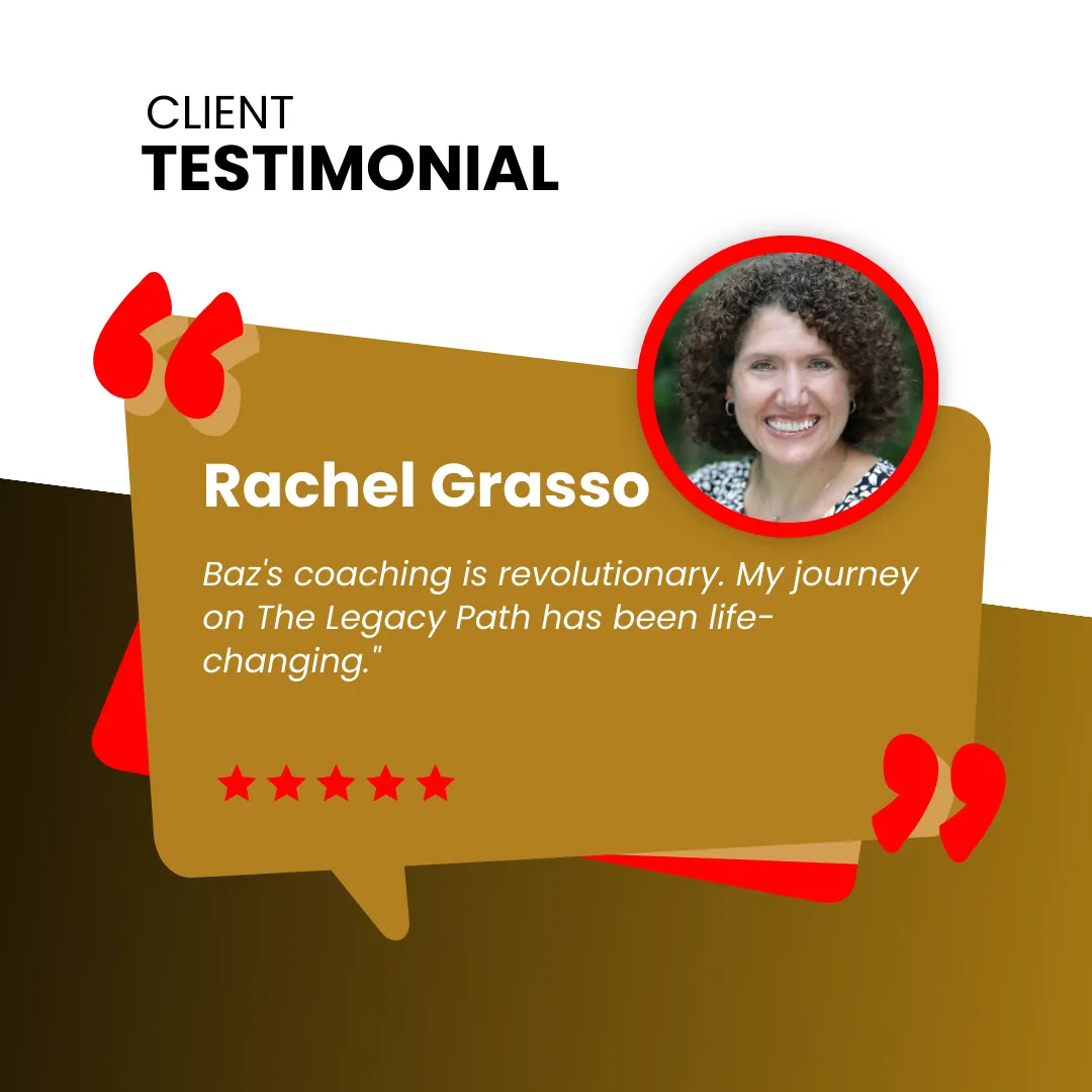 Client testimonial for Baz Porter from Rachel Grasso, praising Baz's revolutionary coaching and the life-changing impact of her journey on The Legacy Path. The image features a portrait of Rachel Grasso alongside a 5-star review, emphasizing the transformative coaching offered by Baz Porter within the RAMS by Baz brand.