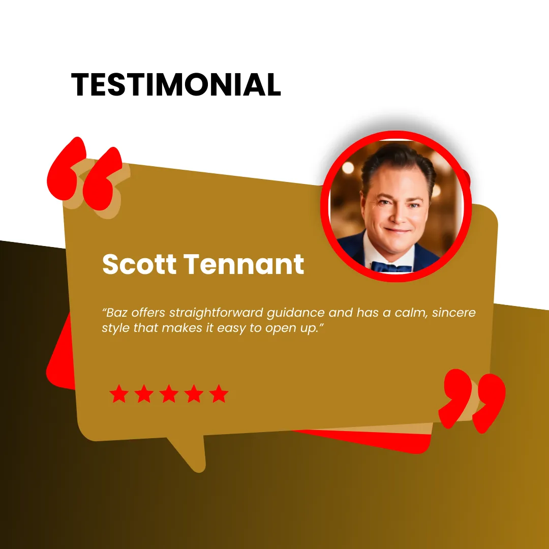 Testimonial for Baz Porter from Scott Tennant highlighting Baz's straightforward guidance and calm, sincere style that encourages openness. The image includes a portrait of Scott Tennant and a 5-star review, emphasizing Baz Porter's effective communication and supportive approach within the RAMS by Baz framework.