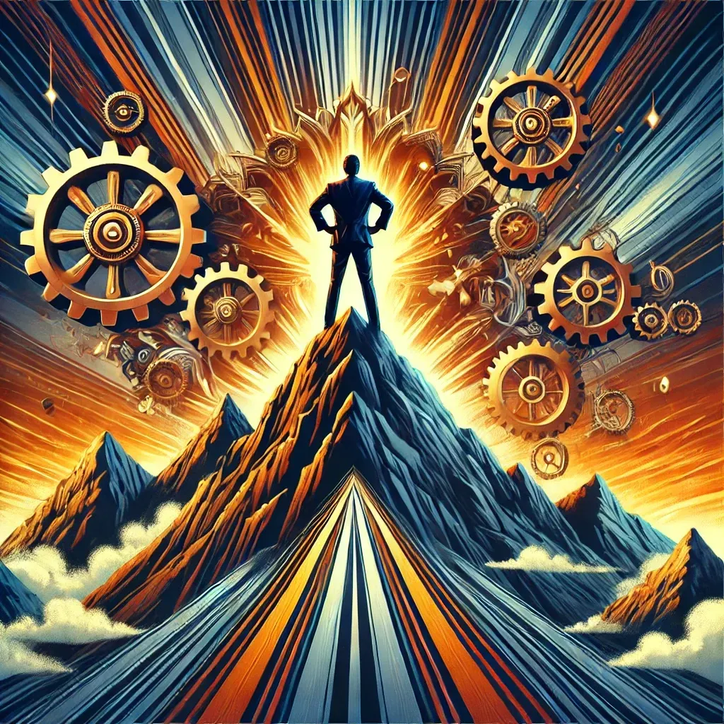 An attention-grabbing image illustrating the essence of executive coaching for the RAMS brand by Baz. The scene features a confident executive standing triumphantly on a mountain peak with a dramatic, fiery sunrise in the background. Bold rays of light beam outward, enhancing the visual impact. Stylized, large interconnected gears and upward-pointing arrows are prominently displayed in the backdrop, symbolizing strategic growth, mastery, and the powerful systems approach of the RAMS framework. The executive’s stance is powerful, hands on hips, conveying control, resilience, and high energy. The color scheme includes deep blues, vivid golds, and bold oranges to signify strength, prestige, and dynamic performance.