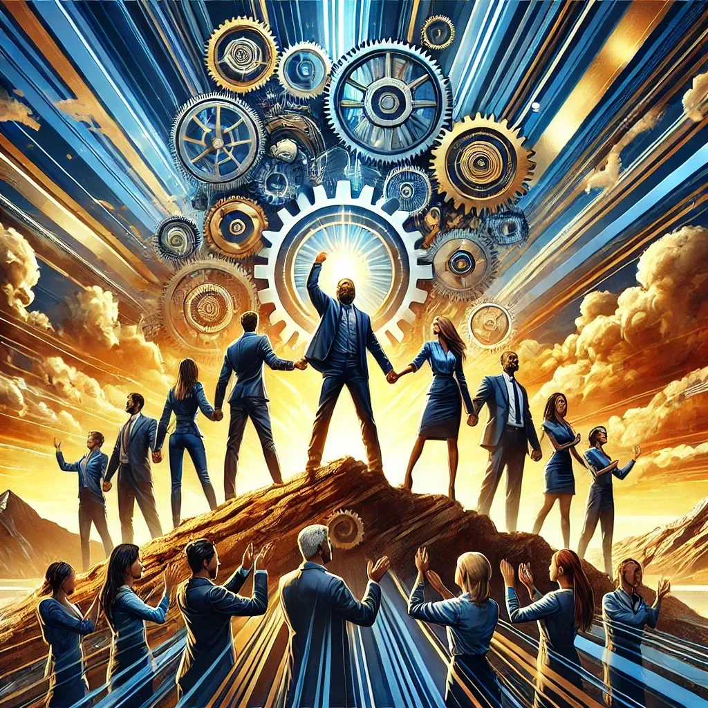 A high-energy image depicting the power and unity of team workshops for the RAMS brand by Baz. The scene showcases a diverse group of confident professionals standing in an open circle on a mountain peak, clasping hands in celebration under a vivid sky with powerful rays of sunlight. The background features large, interconnected gears and bold arrows seamlessly merging into the landscape, symbolizing teamwork, strategic collaboration, and progress as part of the RAMS framework. The team’s expressions reflect determination, unity, and triumph. The color palette includes deep blues, radiant golds, and bright reds, emphasizing strength, leadership, and motivation.