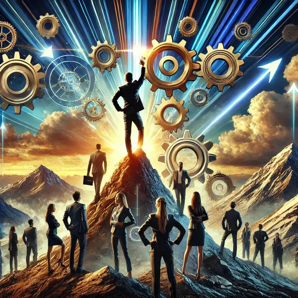 A bold, visually powerful image representing leadership development for the RAMS brand by Baz. The scene features a confident leader standing triumphantly at the forefront of a diverse group of professionals on an elevated mountain peak, with one arm raised to the sky, symbolizing vision and inspiration. The dramatic background showcases a vibrant sky with beams of sunlight breaking through dynamic clouds, highlighting enlightenment and forward progress. Subtle, interwoven gears and upward arrows blend into the scene, symbolizing strategic growth and the RAMS framework's structured approach. The team members exhibit expressions of determination and readiness. The color scheme includes deep blues, radiant golds, and sleek silvers, evoking power, success, and high-level innovation.