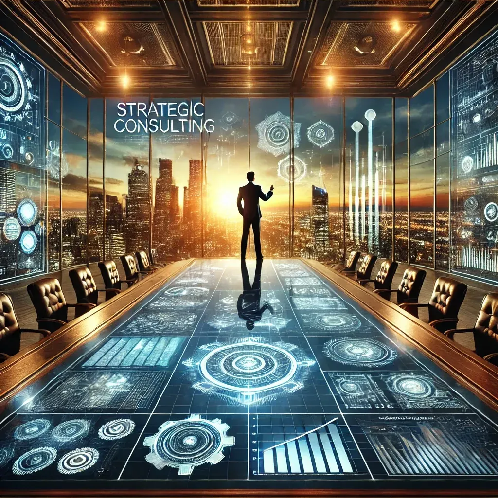 A bold, visually striking image representing strategic consulting for the RAMS brand by Baz. The scene features a confident executive leader standing at the head of a futuristic boardroom with an expansive glass wall overlooking a panoramic cityscape illuminated by a dramatic sunset. The boardroom table displays glowing digital data visuals, charts, and holographic strategic elements, symbolizing innovation and insight. The background integrates large, intricately designed gears, interconnected pathways, and upward arrows, emphasizing systematic strategies and growth. The color scheme includes deep blues, glowing golds, and sleek silvers, conveying authority, forward-thinking, and high-level consulting expertise. The atmosphere exudes leadership and visionary thinking.