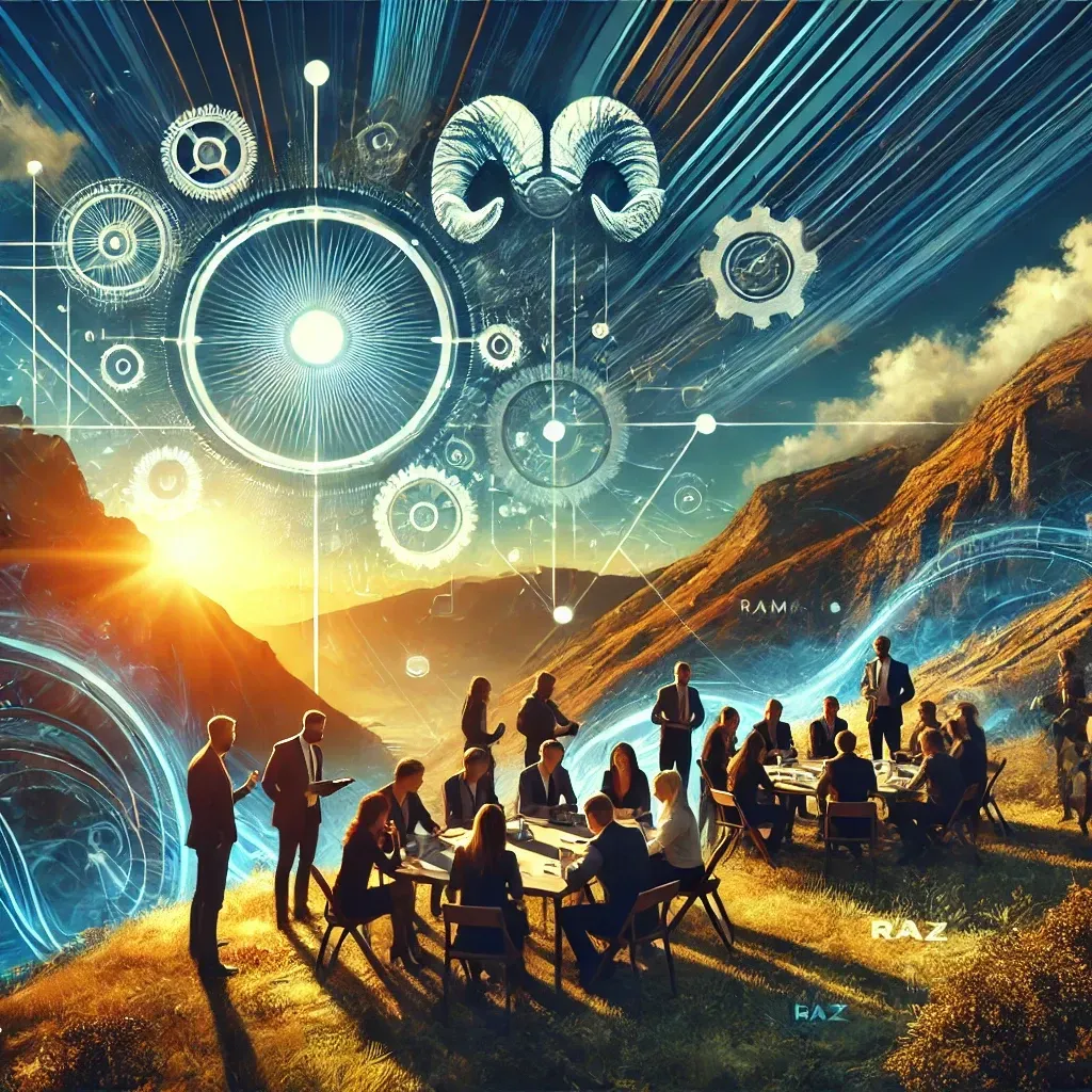 A bold, high-energy image depicting corporate retreats for the RAMS brand by Baz. The scene features a diverse group of executives engaged in collaborative activities outdoors on a mountain peak at sunrise, symbolizing rejuvenation, team bonding, and strategic thinking. The breathtaking natural scenery is illuminated by rays of sunlight, creating an atmosphere of inspiration and focus. Integrated into the background are subtle digital elements such as glowing interconnected lines and abstract gear symbols, representing innovation, alignment, and the structured approach of the RAMS framework. The executives display expressions of engagement, enthusiasm, and unity. The color scheme blends deep blues, warm golds, and hints of green, evoking growth, leadership, and energy.