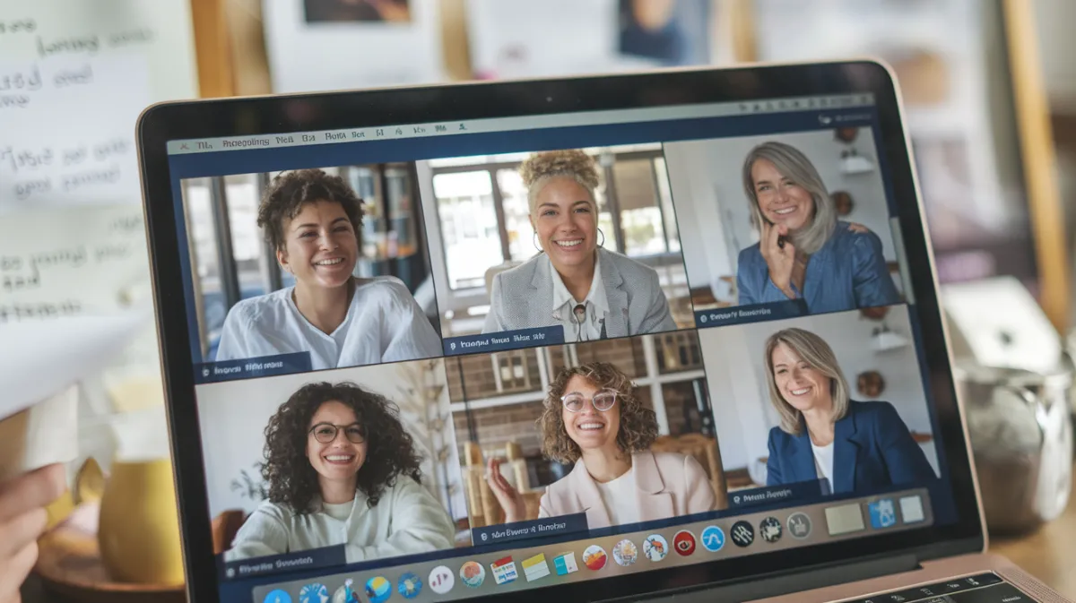 A professional virtual meeting featuring six diverse businesswomen on a video call, each smiling and engaged in discussion. The laptop screen displays a high-quality Zoom call with executives in bright, well-lit home offices. The image represents corporate leadership, executive coaching, business growth consulting, and high-performance team collaboration. Keywords: Business Strategy Consulting, Leadership Development, Executive Coaching, Professional Development, Corporate Coaching Programs, High-Performance Teams, Virtual Business Meeting.