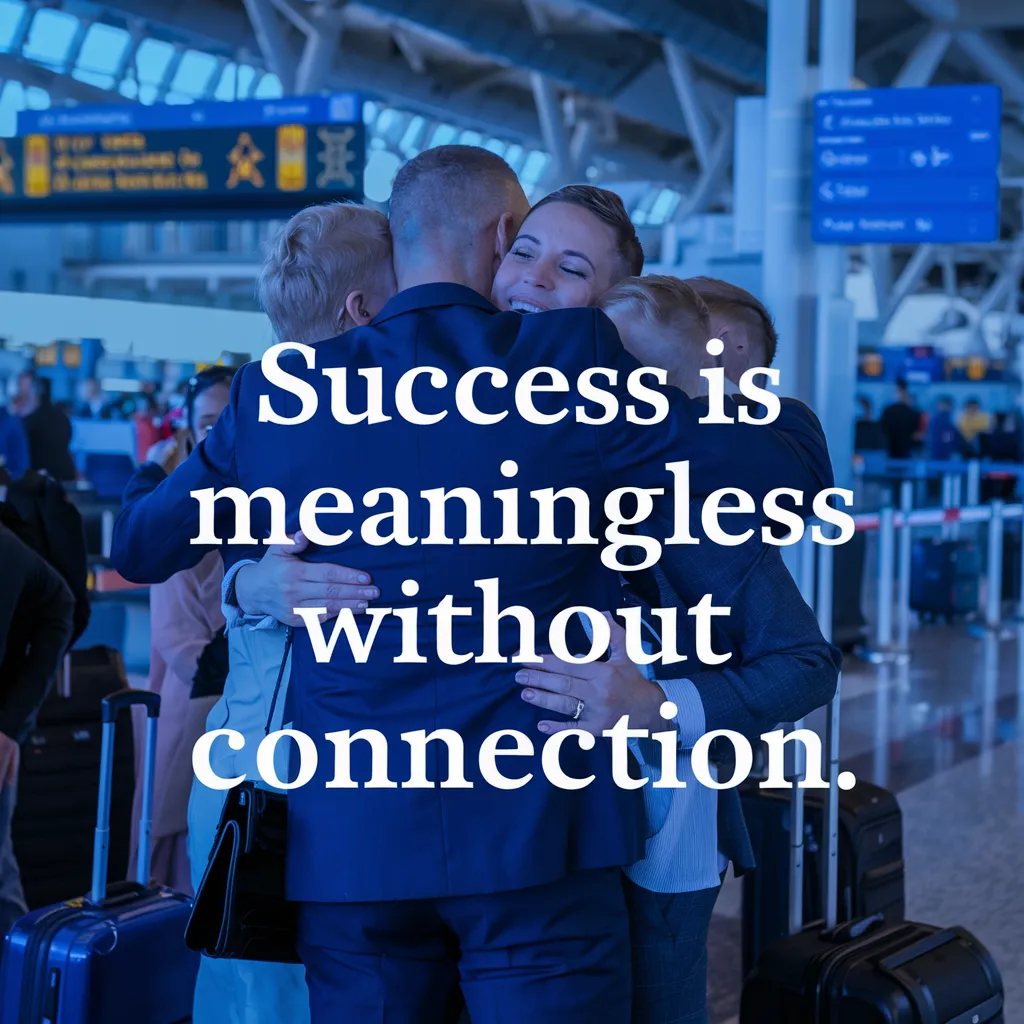 A heartwarming reunion at an airport, where a well-dressed man in a navy suit embraces his family, smiling and holding them close. The background features airport signage, luggage, and busy travelers. Overlaid on the image is the inspirational quote: "Success is meaningless without connection." This scene represents work-life balance, emotional intelligence, leadership with heart, and the importance of meaningful relationships in business and personal life. Keywords: Executive Coaching, Leadership Development, Work-Life Balance, Emotional Intelligence, Business Success, Meaningful Connections, High-Performance Leadership.