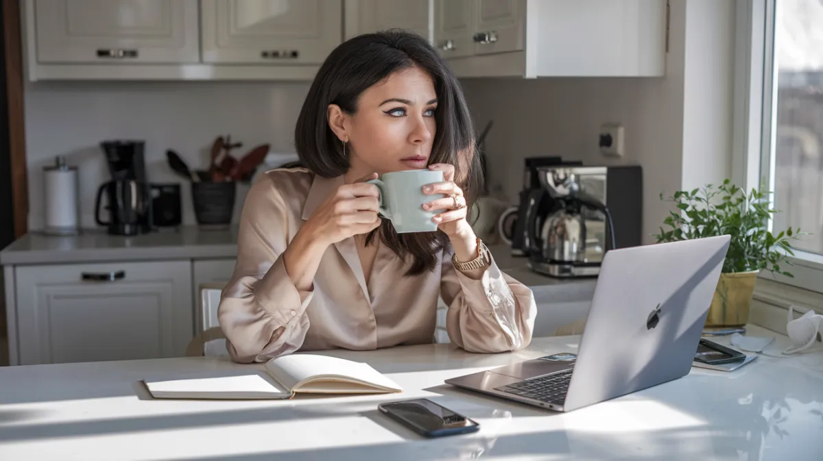 A professional woman with dark hair and a beige silk blouse sits at a bright kitchen counter, sipping coffee while working on her laptop. She appears deep in thought, with an open notebook and smartphone beside her, reflecting on business strategy, leadership goals, or personal development. Natural sunlight streams in, creating a calm and productive workspace. Keywords: Executive Coaching, Leadership Development, Business Growth Consulting, Professional Productivity, Remote Work Success, Entrepreneurial Mindset, Work-Life Balance, Strategic Thinking.