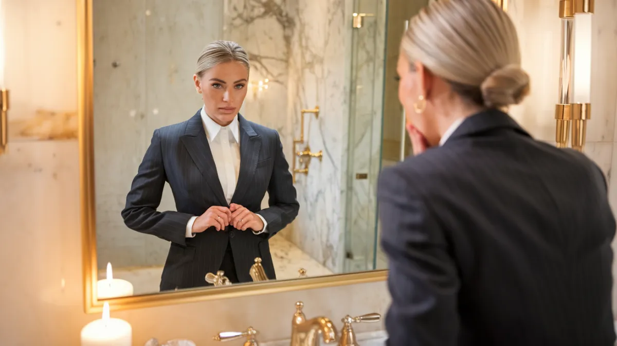 A confident businesswoman in a tailored navy pinstripe suit stands in front of a luxurious marble bathroom mirror, adjusting her jacket and preparing for a high-stakes day. Her poised expression reflects self-discipline, leadership, and personal growth. The elegant setting, with gold fixtures and candlelight, adds a sense of refinement and power. Keywords: Executive Coaching, Leadership Development, Business Success, High-Performance Mindset, Professional Confidence, Personal Growth, Female Leadership, Entrepreneurial Success.