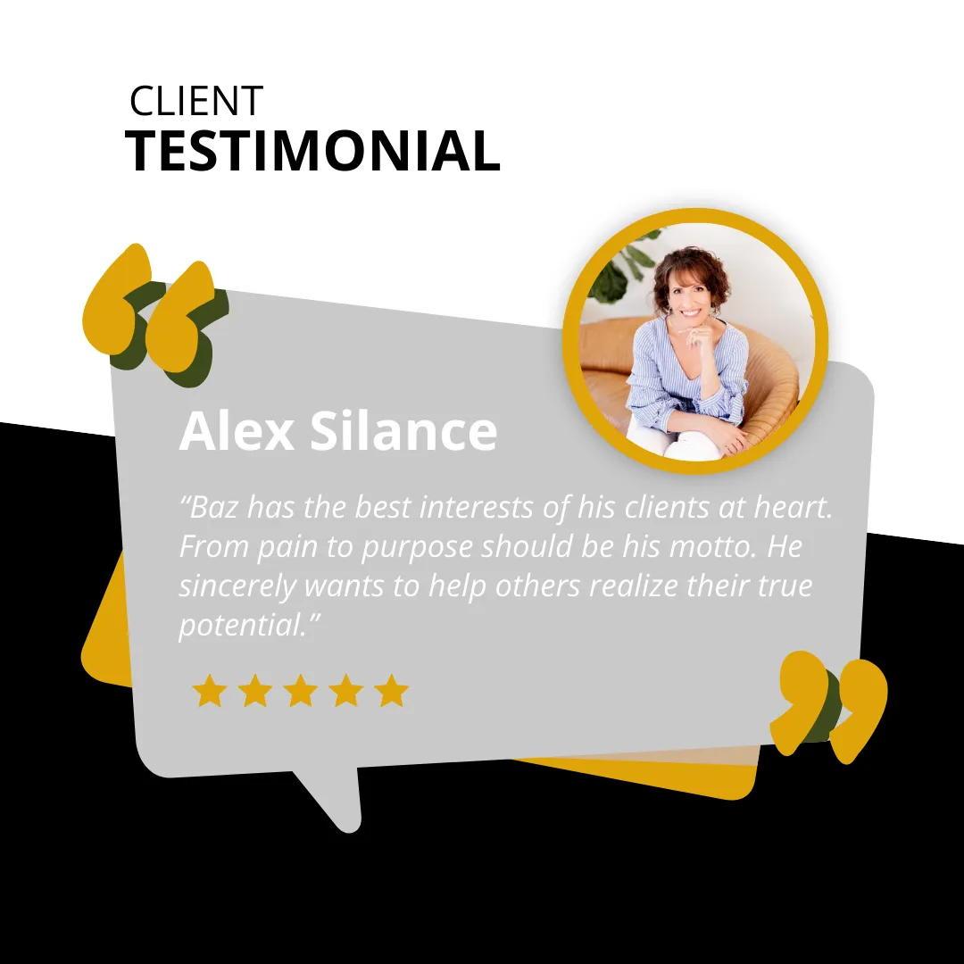  Alex Silance testimonial for RAMS By Baz—transformational coaching guiding clients from pain to purpose with deep care and proven impact.