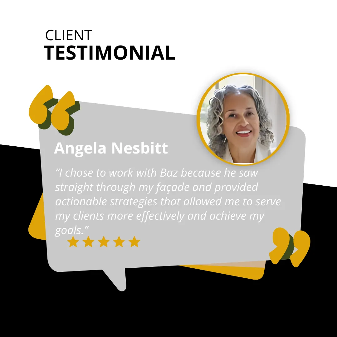   "Angela Nesbitt testimonial for RAMS By Baz and Baz Porters executive coaching that delivers strategic clarity, authentic leadership, and high-impact client results.