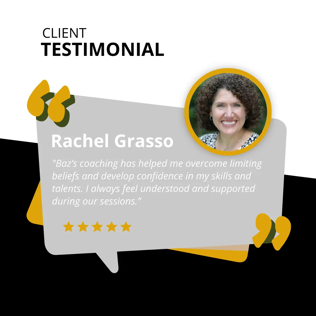 Rachel Grasso testimonial for RAMS By Baz—confidence breakthrough and mindset coaching for high-achieving women overcoming self-doubt