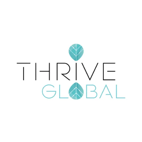 Thrive Global logo featuring modern black and turquoise typography with leaf icons replacing the letter 'I' and 'O'—representing holistic wellness, leadership resilience, and personal development.