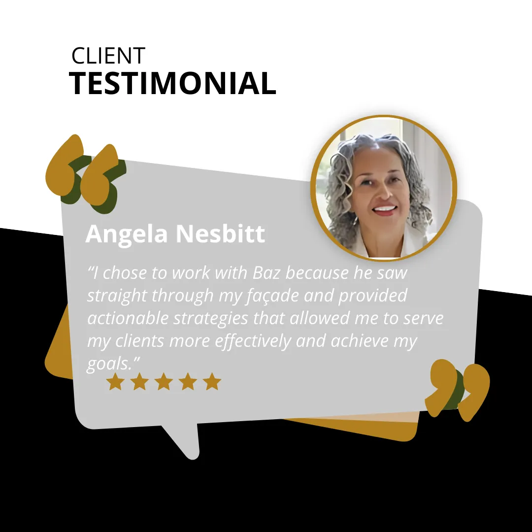 Angela Nesbitt testimonial for RAMS By Baz Woman Reclaimed—strategic high-performance coaching for women leaders breaking through burnout