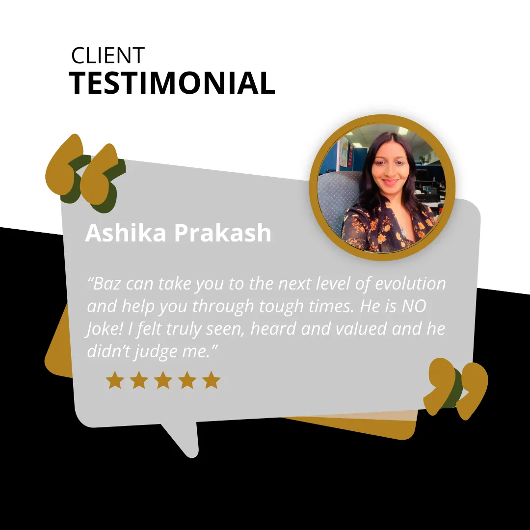 Ashika Prakash testimonial for RAMS By Baz—transformational coaching for high-achieving women seeking clarity, growth, and emotional safety.