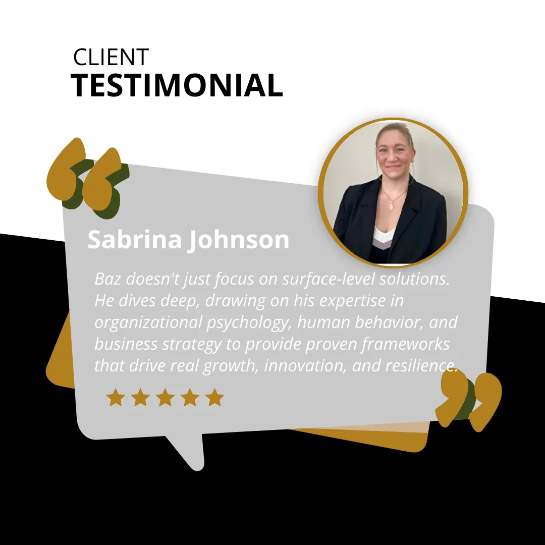 Client testimonial for Baz Porter, high-performance strategist and leadership transformation expert for high-achieving women and executives. Sabrina Johnson shares how Baz delivers deep, psychology-driven coaching—not surface fixes. His frameworks based on organizational psychology, human behavior, and executive business strategy drive sustainable growth, identity clarity, and resilience. Ideal for searches on executive burnout recovery, leadership development, reclaiming identity after success, and transformational coaching for women in power.