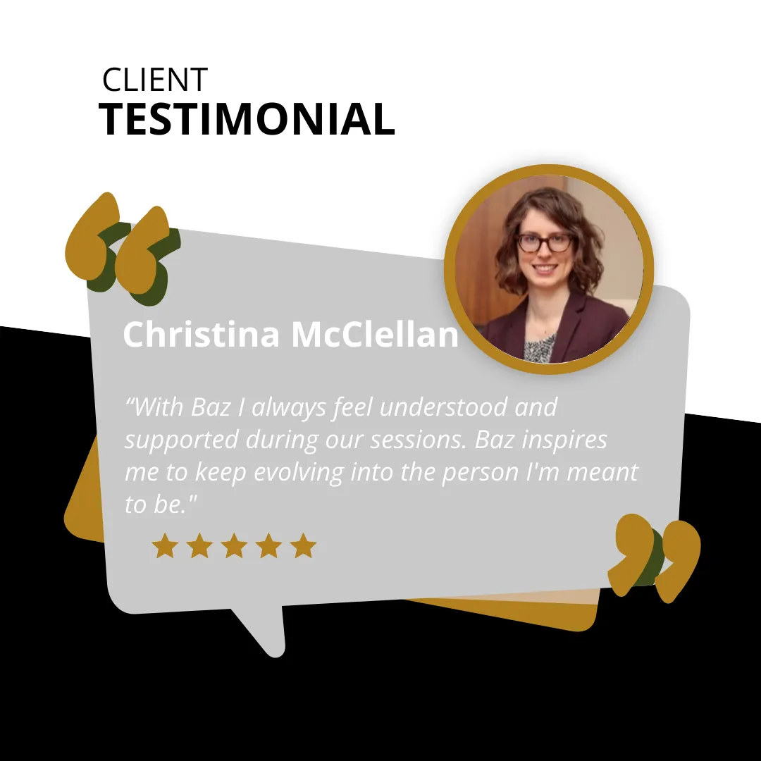 Client testimonial for Baz Porter, expert in burnout recovery and identity coaching for high-achieving women. Christina McClellan shares how Baz’s high-performance coaching and transformational support helped her feel deeply understood, emotionally supported, and inspired to evolve. Graphic includes Christina's headshot, a bold quote on executive burnout recovery, a five-star rating, and modern brand design. Relevant for women seeking executive burnout solutions, reclaiming self-worth, overcoming imposter syndrome, and finding purpose beyond career success.