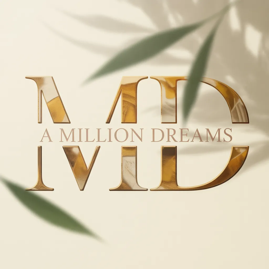 A Million Dreams™ luxury brand logo featuring gold serif lettering “AMD” and the words “A Million Dreams” beneath, set on a soft neutral background with organic leaf shadows, symbolizing sovereign leadership, identity restoration, and high-performance personal transformation for women leaders.