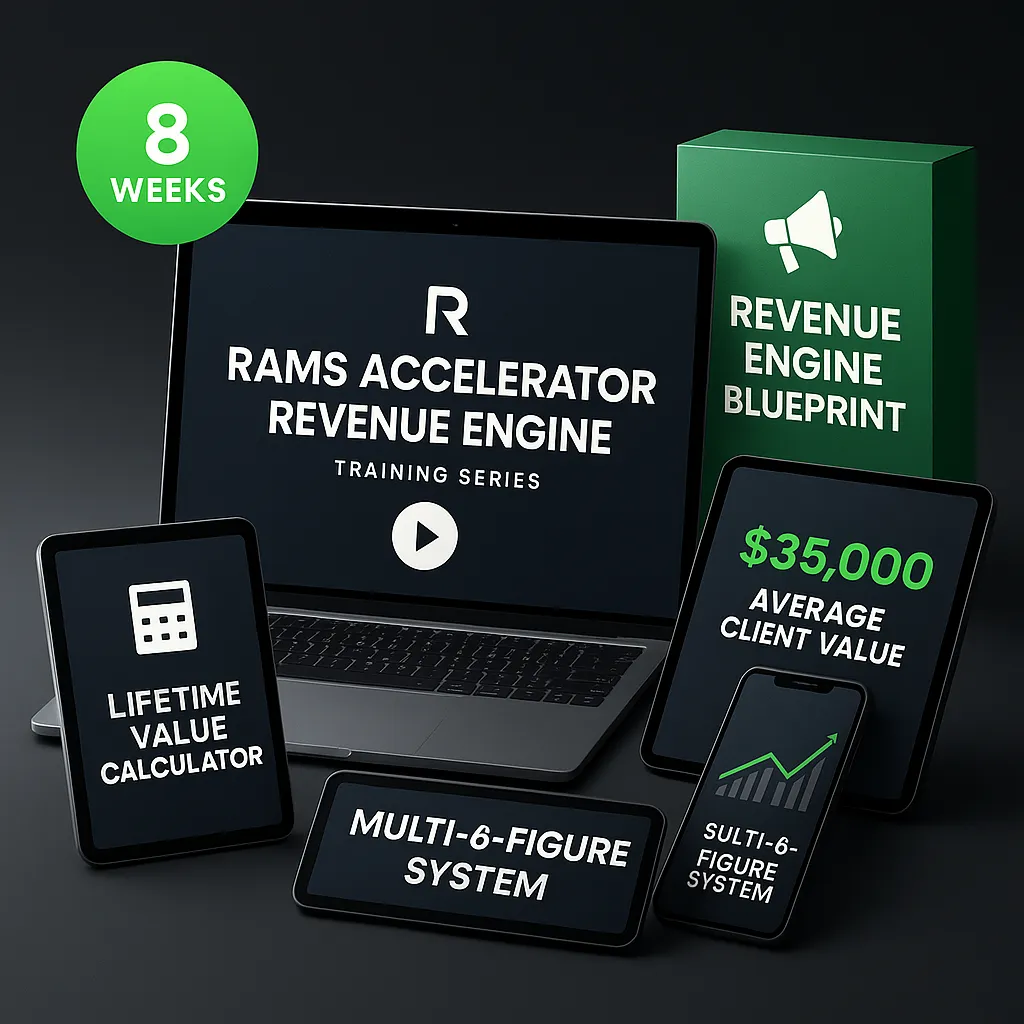 Baz Porters RAMS System Revenue Engine Mastery bundle by Baz Porter — an 8-week business growth and scaling program featuring the lifetime value calculator, $35,000 average client value tracker, and the RAMS profitability engine blueprint empowering entrepreneurs to optimize revenue and long-term growth.