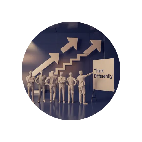 Business professionals looking at growth arrows and a presentation board with the words ‘Think Differently’ — symbolizing ambitious entrepreneurs ready to innovate.