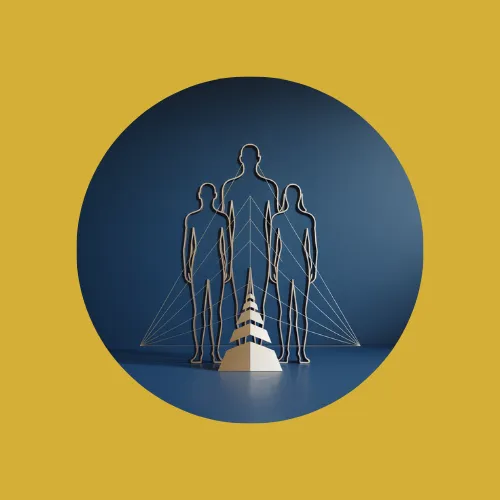 Three human figures connected by alignment strings rising toward a peak, representing coaches pursuing ascension mastery, leadership growth, and higher-level transformation