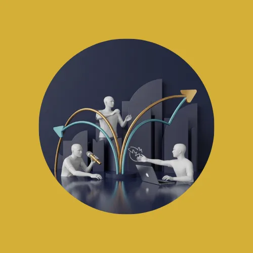 Content creators collaborating with microphone, laptop, and digital growth arrows, illustrating creators building scalable revenue systems and business expansion.