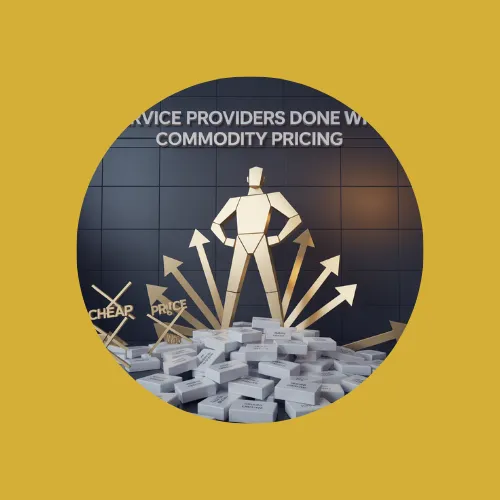 Golden figure standing confidently on rising platforms with arrows pointing upward, symbolizing service providers breaking free from cheap commodity pricing to premium value positioning.