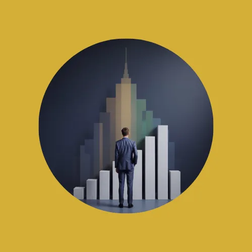 Business owner in a suit facing upward-growing bar charts forming a skyscraper, symbolizing predictable scale and sustainable business growth.