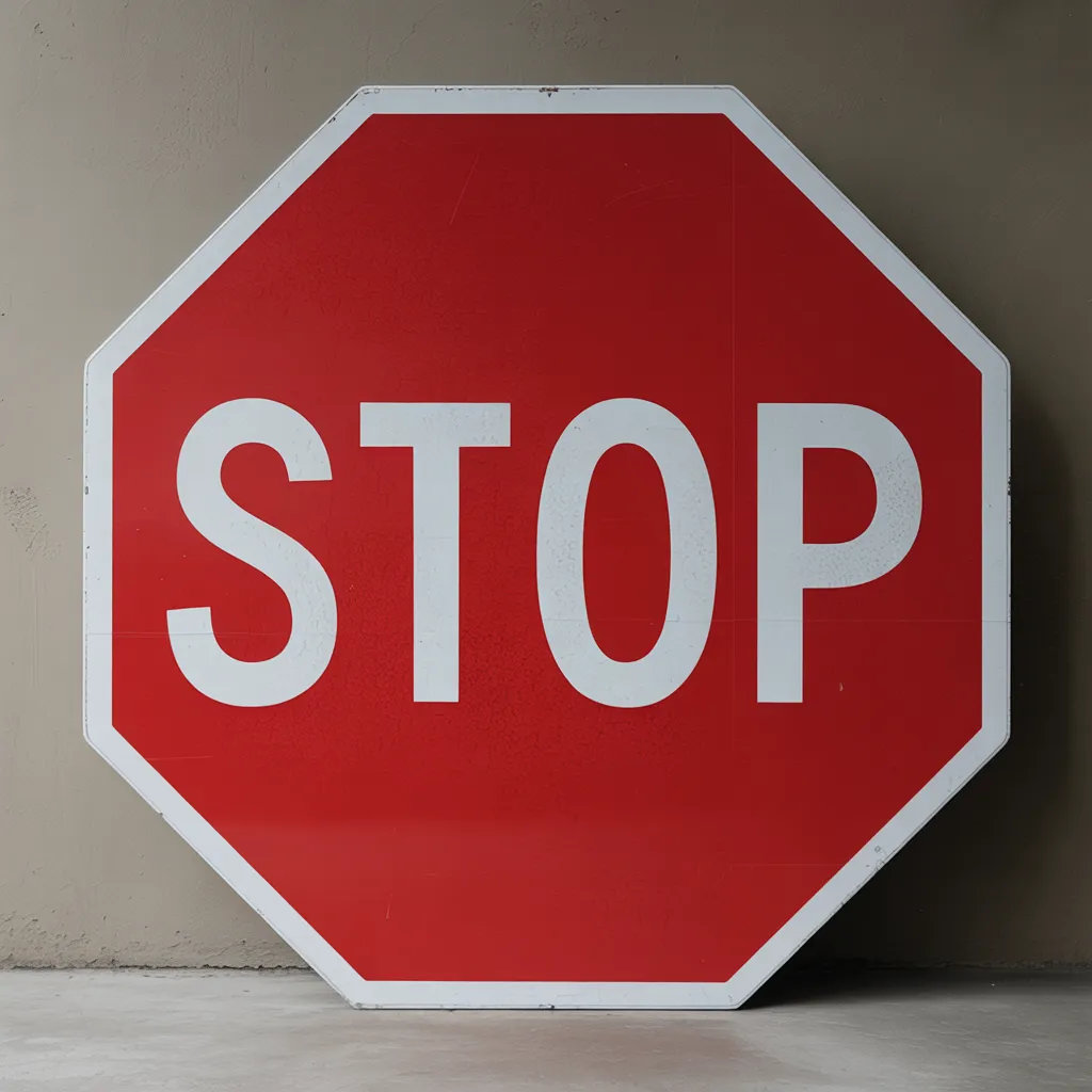 Red octagon stop sign with white letters reading STOP, displayed against a neutral wall background.