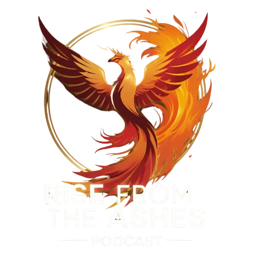Powerful visual of Baz Porter's 'Rise From The Ashes: Burnout to Brilliance' podcast logo. A sleek microphone surrounded by glowing flames symbolizes transformation, resilience, and empowerment. Set against a dramatic red and gold spotlight background, the design exudes energy and leadership.