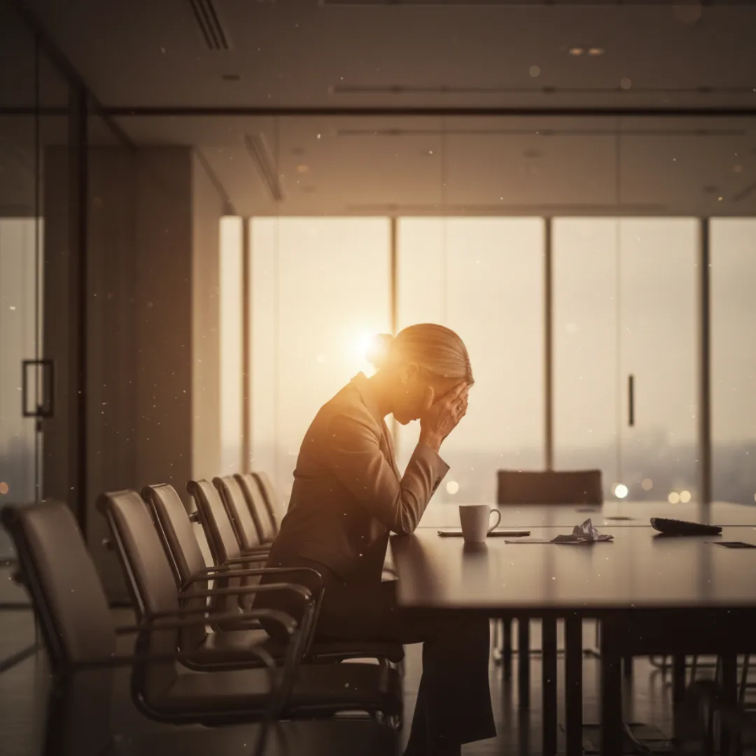 A senior executive woman sits alone at a modern boardroom table, head in her hands, conveying visible exhaustion and emotional strain. Warm light from floor-to-ceiling windows illuminates the empty chairs around her, emphasizing isolation, leadership pressure, and silent burnout in a high-stakes corporate environment.
